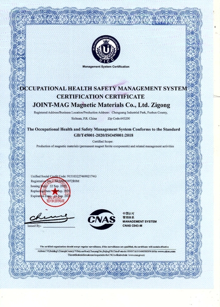 चीन JOINT-MAG Magnetic Materials Co., Ltd. Zigong प्रमाणपत्र